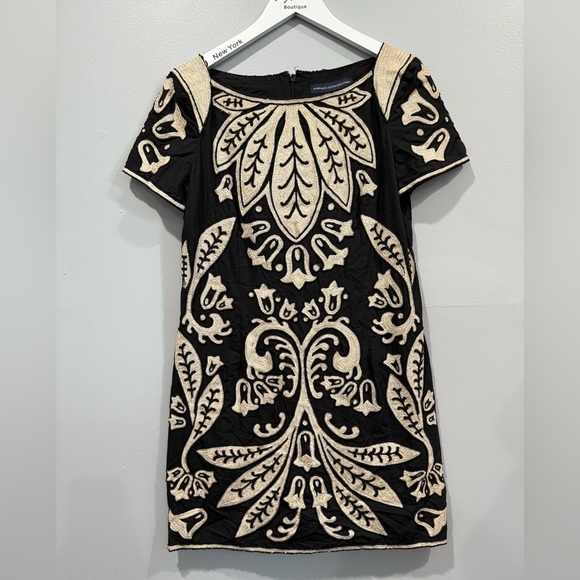French Connection Black & Beige Embroidered Dress Size 10 - Picture 1 of 12